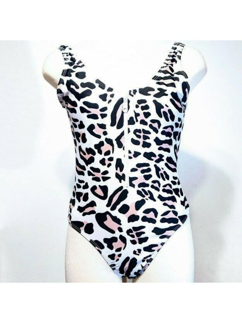 CHYRII Women's Leopard Print One Piece Swimsuit Front Zip Low Back Size S